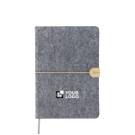 Carnet en feutre recyclé avec fermeture élastique feuilles lignées A5 couleur gris avec zone d'impression