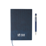 Carnet A5 avec effet velours sur la couverture et stylo encre bleue couleur bleu avec zone d'impression