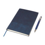 Carnet A5 avec effet velours sur la couverture et stylo encre bleue première vue