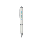 Stylo en plastique recyclé avec grip en caoutchouc encre bleue couleur blanc avec zone d'impression