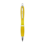 Stylo en plastique recyclé avec grip en caoutchouc encre bleue couleur jaune deuxième vue