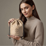 Trousse type sac en cuir synthétique avec fermeture à cordons couleur beige quatrième vue