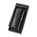 Stylo métallique avec élégant étui en cuir synthétique encre bleue couleur noir vue détail 5 