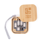 Set de câbles multi-connecteurs dans boîte de transport en bambou couleur bois avec zone d'impression