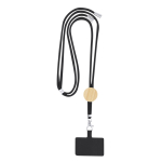 Lanyard en RPET avec accessoire pour smarphone avec détail en bambou couleur noir première vue
