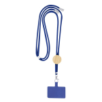 Lanyard en RPET avec accessoire pour smarphone avec détail en bambou couleur bleu première vue