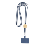 Lanyard en RPET avec accessoire pour smarphone avec détail en bambou couleur bleu marine première vue