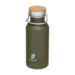 Gourde en acier inoxydable simple paroi avec bouchon en bambou 550 ml couleur vert foncé vue avec impression sérigraphique