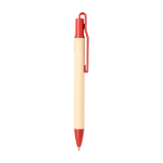 Stylo en papier de canne à sucre avec clip coloré, encre bleue couleur saumon vue latérale