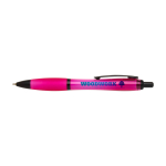 Stylo en plastique recyclé avec détails noirs, encre noire couleur fuchsia