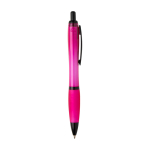 Stylo en plastique recyclé avec détails noirs, encre noire couleur fuchsia deuxième vue latérale