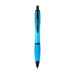 Stylo en plastique recyclé avec détails noirs, encre noire couleur bleu pastel