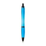 Stylo en plastique recyclé avec détails noirs, encre noire couleur bleu pastel deuxième vue arrière