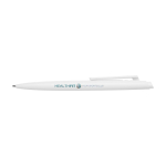Stylo en plastique recyclé au design minimaliste, encre bleue couleur blanc vue avec impression sérigraphique