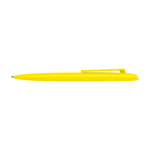 Stylo en plastique recyclé au design minimaliste, encre bleue couleur jaune deuxième vue frontale