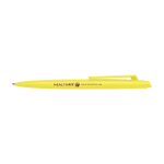 Stylo en plastique recyclé au design minimaliste, encre bleue couleur jaune vue avec impression sérigraphique