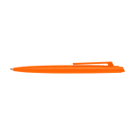 Stylo en plastique recyclé au design minimaliste, encre bleue couleur orange deuxième vue frontale