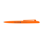 Stylo en plastique recyclé au design minimaliste, encre bleue couleur orange vue avec impression sérigraphique