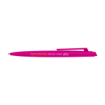 Stylo en plastique recyclé au design minimaliste, encre bleue couleur fuchsia vue avec impression sérigraphique