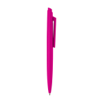 Stylo en plastique recyclé au design minimaliste, encre bleue couleur fuchsia deuxième vue latérale