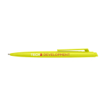 Stylo en plastique recyclé au design minimaliste, encre bleue couleur vert lime vue avec impression sérigraphique