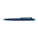 Stylo en plastique recyclé au design minimaliste, encre bleue couleur bleu marine vue avec impression sérigraphique