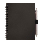 Carnet en plastique recyclé avec stylo et support, encre bleue couleur noir deuxième vue frontale