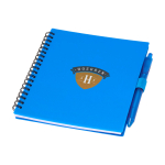 Carnet en plastique recyclé avec stylo et support, encre bleue couleur bleu vue avec impression sérigraphique