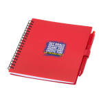 Carnet en plastique recyclé avec stylo et support, encre bleue couleur rouge vue avec impression sérigraphique