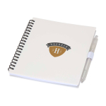 Carnet en plastique recyclé avec stylo et support, encre bleue couleur blanc vue avec impression sérigraphique