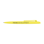 Stylo en plastique recyclé au design minimaliste, encre noire couleur jaune vue avec impression sérigraphique