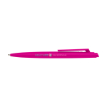 Stylo en plastique recyclé au design minimaliste, encre noire couleur fuchsia vue avec impression sérigraphique
