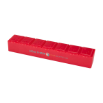 Pilulier multivitaminé avec sept compartiments étiquetés couleur rouge vue avec impression sérigraphique