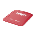 Grattoir à glace rectangulaire en plastique recyclé couleur rouge vue impression sérigraphique