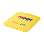 Grattoir à glace rectangulaire en plastique recyclé couleur jaune vue avec impression sérigraphique