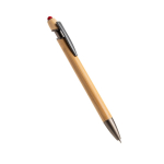 Stylo en bambou avec pointe tactile et détails métalliques encre bleue couleur rouge vue 2