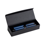 Set stylo et roller en acier et aluminium avec relief encre noire couleur bleu roi