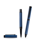 Set stylo et roller en acier et aluminium avec relief encre noire couleur bleu roi Vue 1