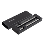 Set stylo et roller en aluminium design hexagonal encre noire vue du logo imprimé