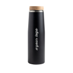 Gourde thermos en inox avec couvercle en bambou naturel 550ml couleur noir vue du logo imprimé