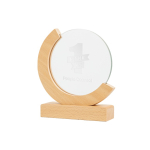 Trophée en bois et verre au design globe avec boîte cadeau vue du logo imprimé