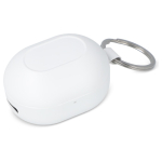 Petits écouteurs dans un boîtier format porte-clés couleur blanc deuxième vue