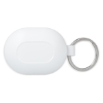 Petits écouteurs dans un boîtier format porte-clés couleur blanc troisième vue