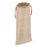 Sac à vin au design rustique en jute avec cordon de fermeture rouge couleur naturel troisième vue