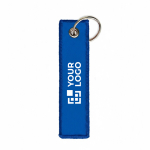 Étiquette brodée personnalisable en polyester avec anneau couleur bleu vue avec zone d'impression
