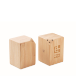 Set salière et poivrière en bambou avec connexion magnétique couleur bois vue avec zone d'impression