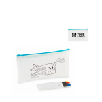 Trousse enfant en non-tissé à colorier avec 4 crayons couleur bleu ciel vue avec zone d'impression