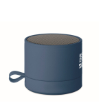 Haut-parleur sans fil métallique compact avec finition caoutchoutée 3W couleur bleu vue avec zone d'impression