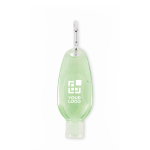 Flacon rechargeable d’aloe vera avec mousqueton en aluminium 50 ml couleur vert transparent vue avec zone d'impression