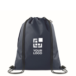 Sac à dos à cordons en RPET avec poche latérale et fermeture éclair couleur bleu vue avec zone d'impression